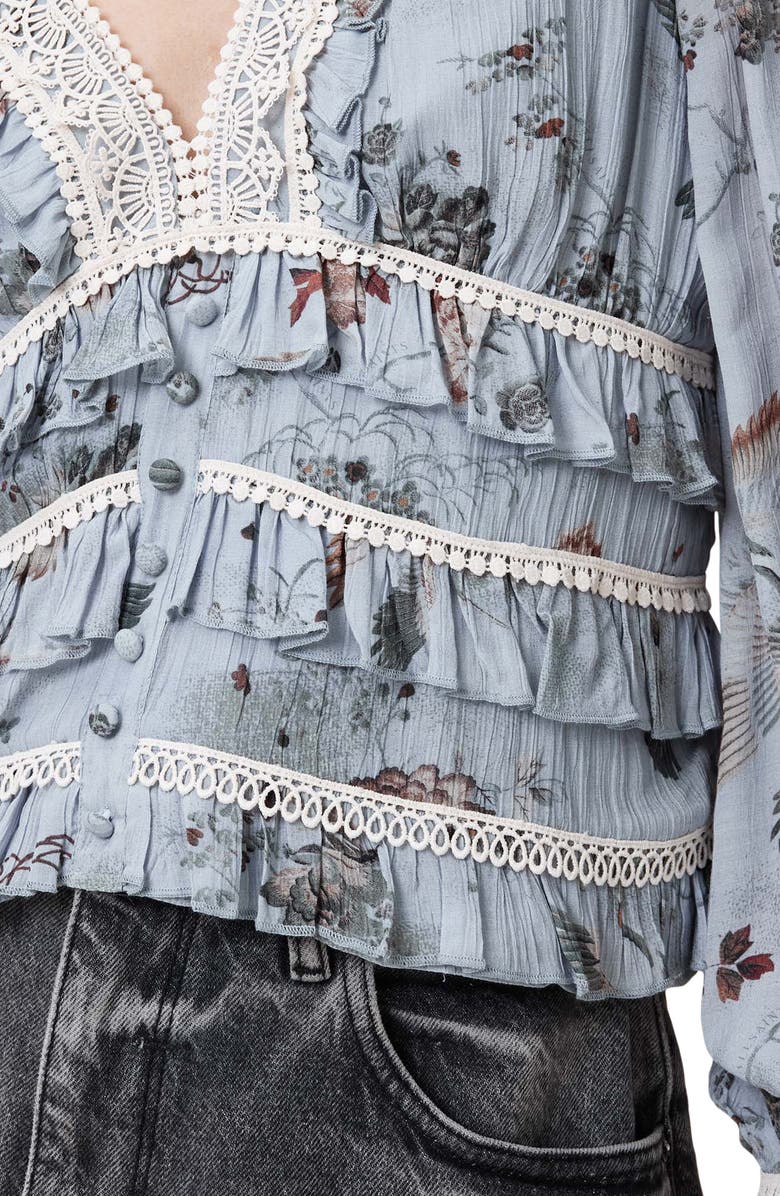 AllSaints Zora Tiered Floral Long Sleeve Top, Alternate, color, Origin Blue Bird