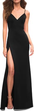 La Femme Simple Thick Jersey Gown with High Skirt Slit