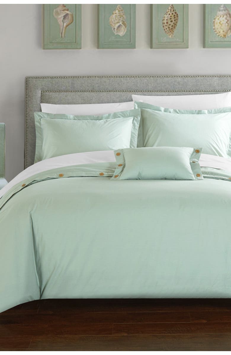 CHIC Aqua Odin 200 Thread Count Twill Weave Button Detail Queen Duvet Cover 4-Piece Set, Main, color, 