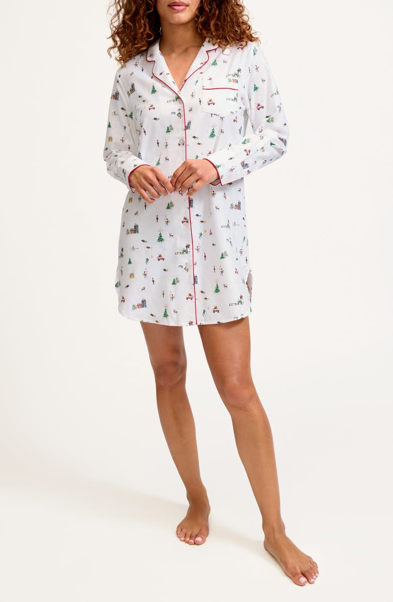 Petite Plume Holiday Town Cotton Twill Nightshirt, Main, color, White