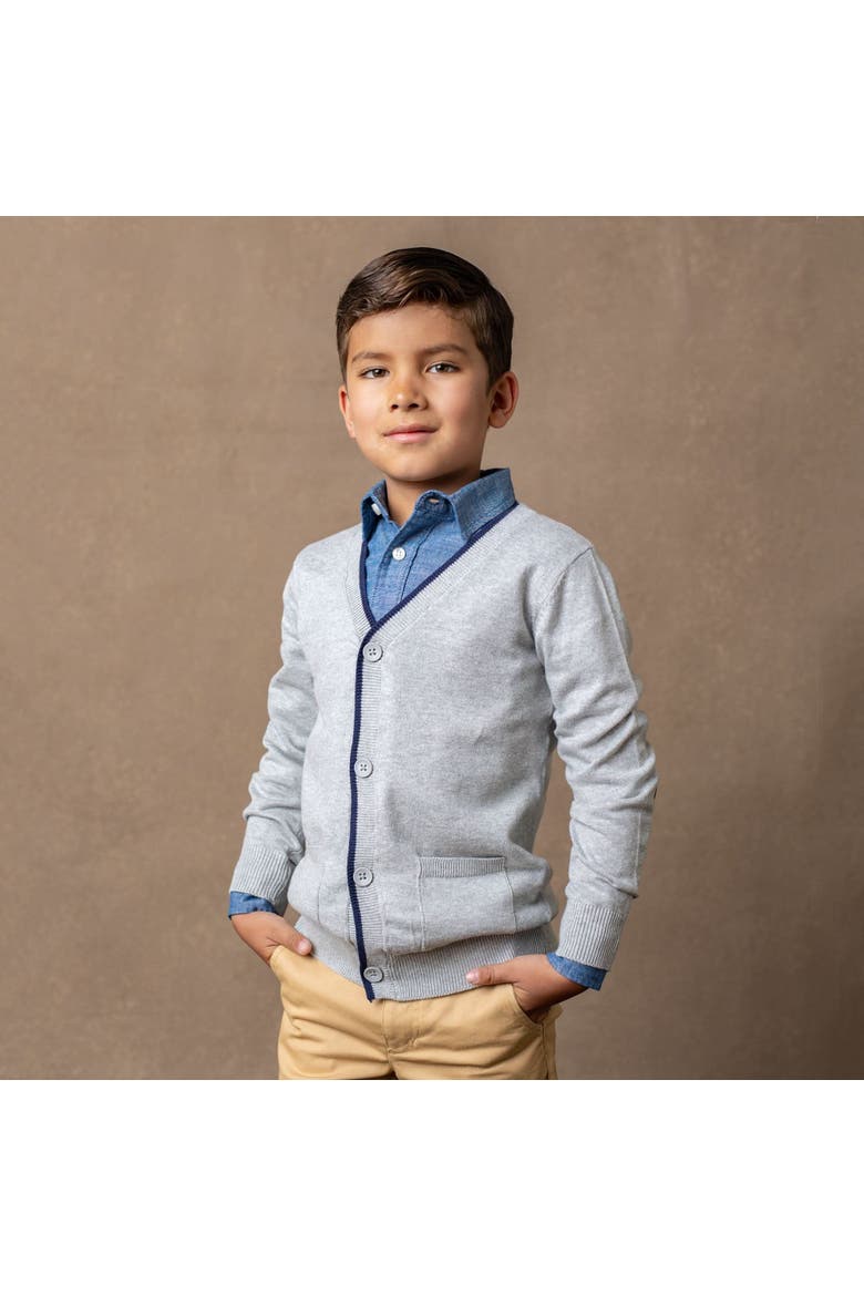 Boys' Organic Tipped Cardigan with Elbow Patches, Kids, Alternate, color, Light Grey