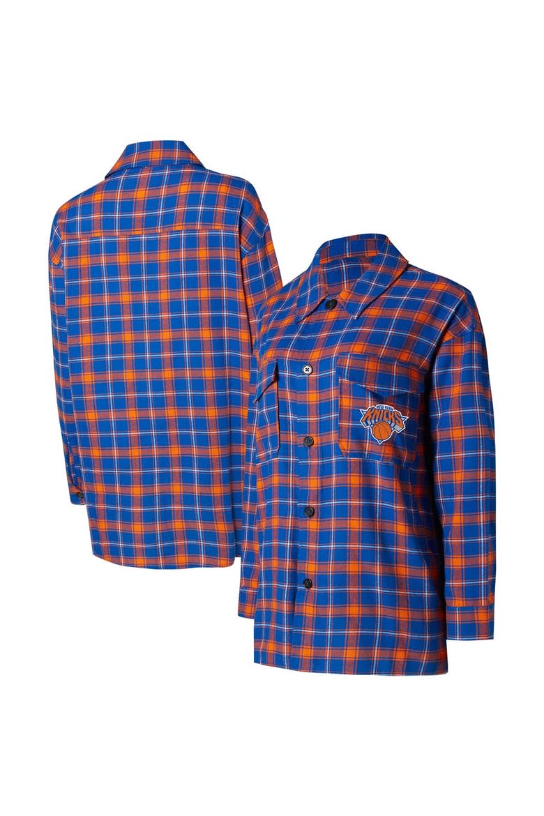 Women's College Concepts Blue/Orange New York Knicks Boyfriend Button-Up Nightshirt, Main, color, Blue