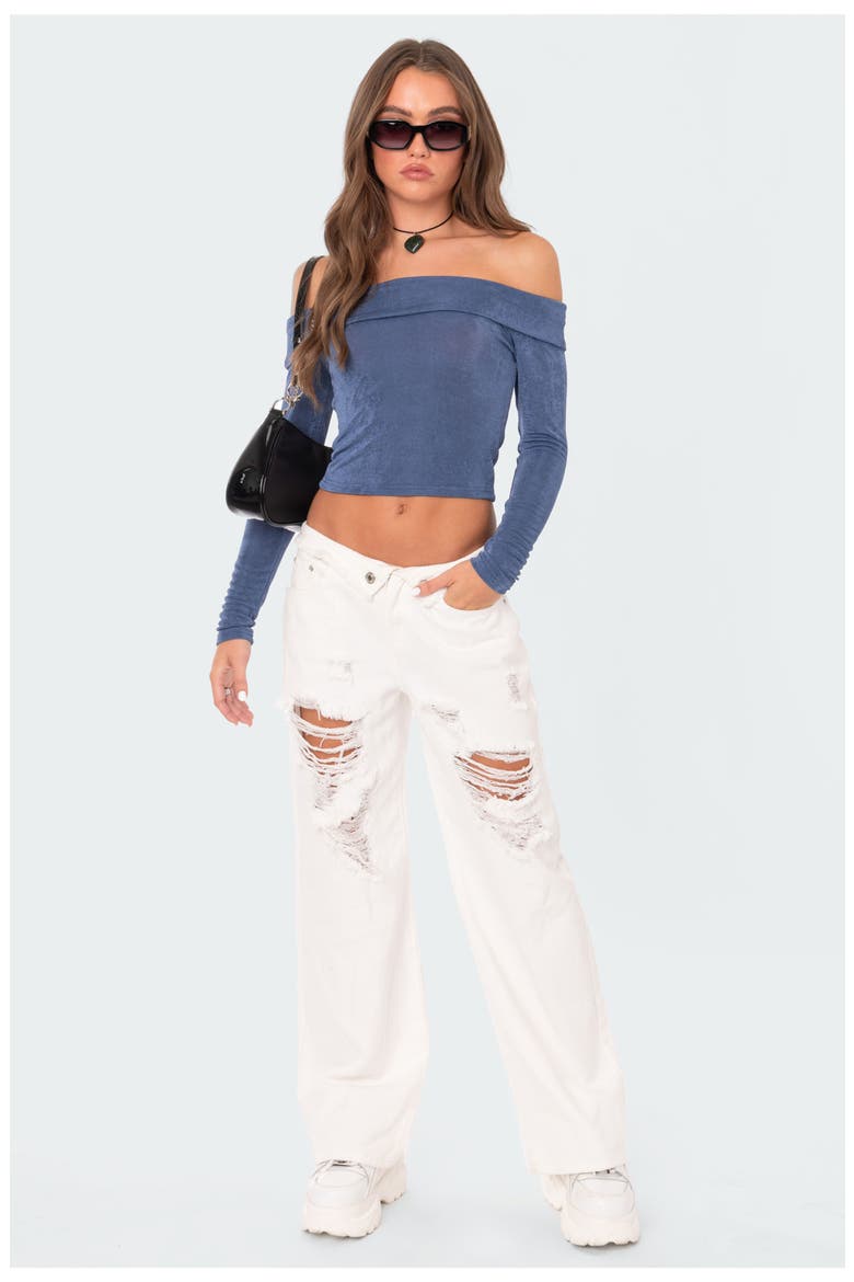 Athena Fold Over Off the Shoulder Long Sleeve Top, Alternate, color, BLUE