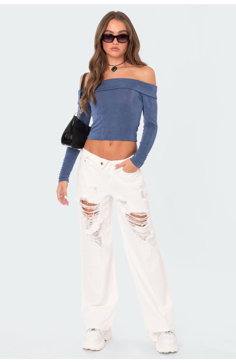EDIKTED Athena Fold Over Off the Shoulder Long Sleeve Top, Alternate, color, Blue