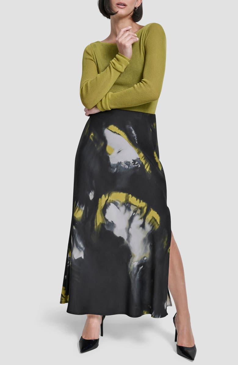 DKNY Printed Bias Cut Maxi Skirt, Alternate, color, Marbled Citronella