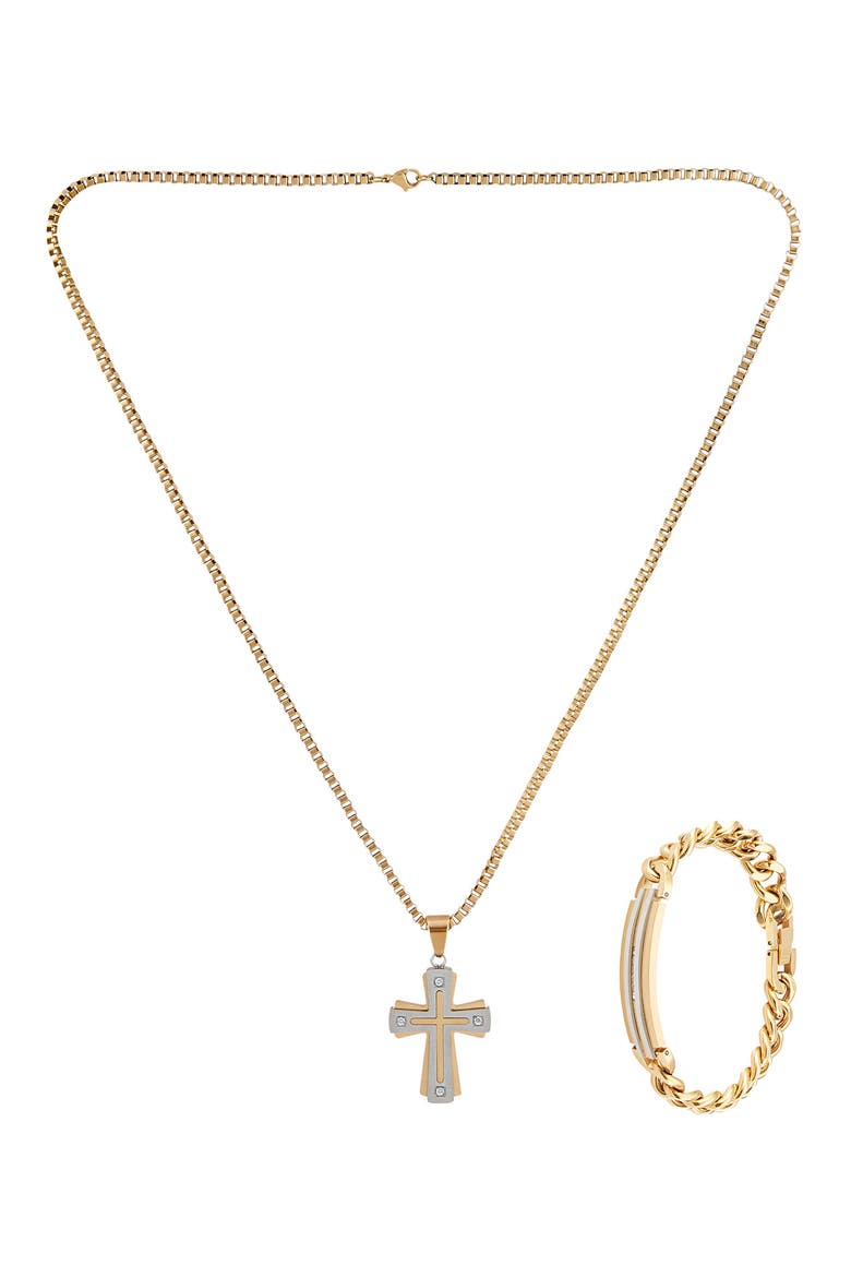 Two-Tone Cross Diamond Pendant Necklace & Bracelet Set - 0.10 ctw, Alternate, color, GOLD/ SILVER
