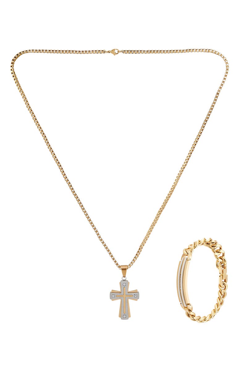 AMERICAN EXCHANGE Two-Tone Cross Diamond Pendant Necklace & Bracelet Set - 0.10 ctw, Alternate, color, 