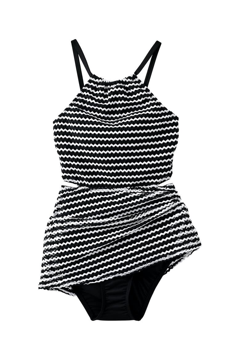 Crochet Monokini Swim Dress Swimsuit, Alternate, color, Black/White