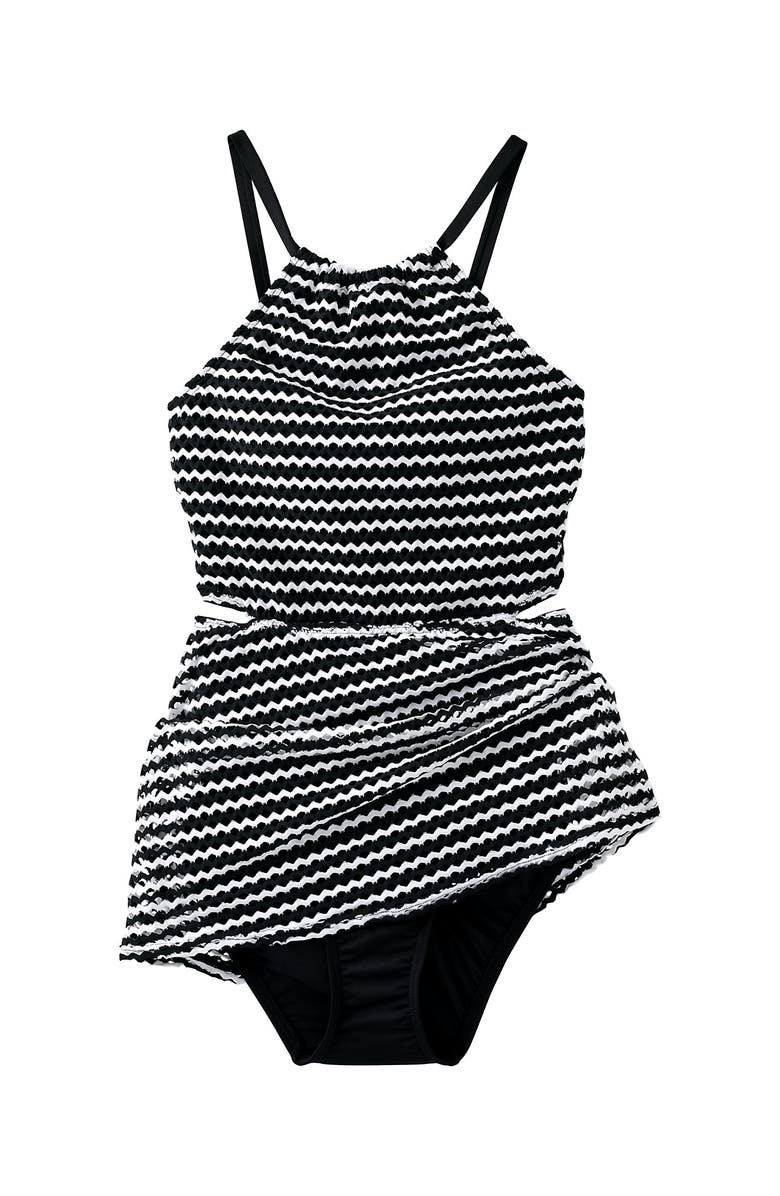 Lands' End Plus Size Crochet Monokini Swim Dress Swimsuit, Alternate, color, Black/White
