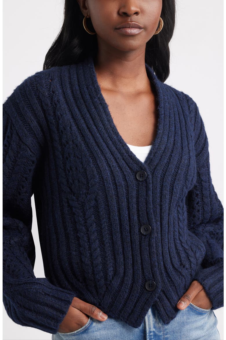Chevron Hem Cable Cardigan, Alternate, color, NAVY STILL