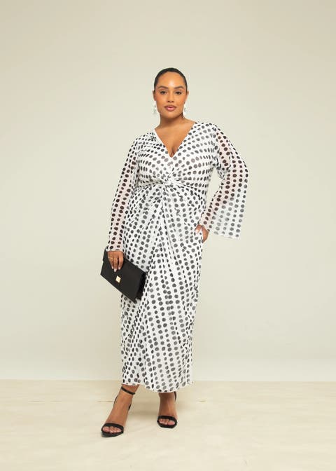 Long Sleeve V-Neck Polka Dot Midi Dress