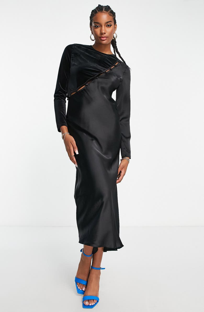 ASOS DESIGN Long Sleeve Velvet & Satin Midi Dress, Alternate, color,