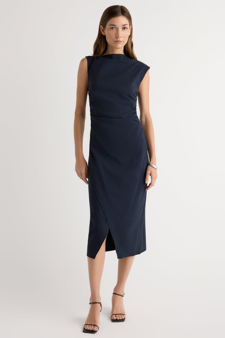 Manon Asymmetric-Neck Ruched Dress, Main, color, Navy