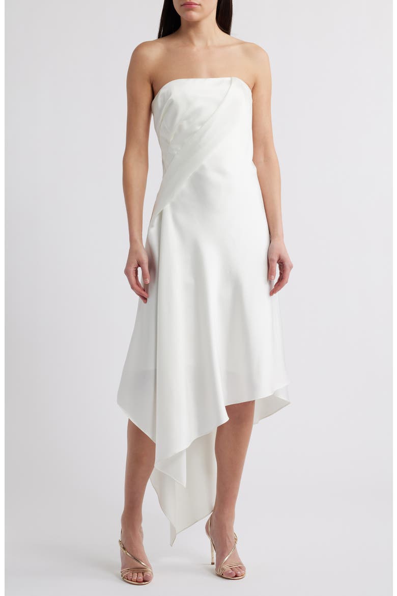 Asymmetric Strapless Satin Midi Dress, Main, color, IVORY