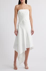 Amsale Asymmetric Strapless Satin Midi Dress