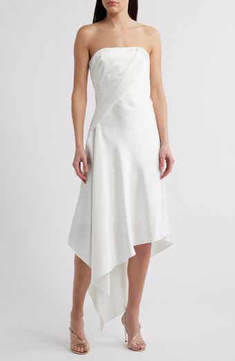 Amsale Asymmetric Strapless Satin Midi Dress