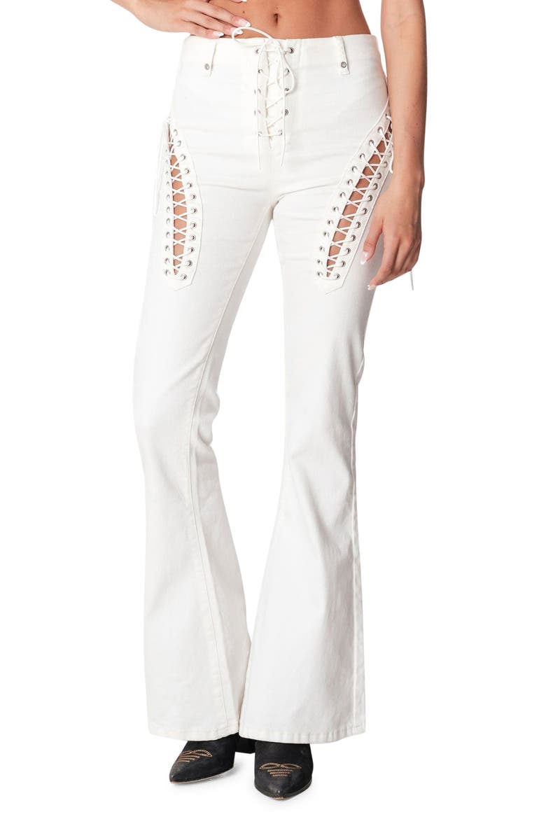 Engine White Lace-Up High Waist Flare Jeans, Main, color, WHITE