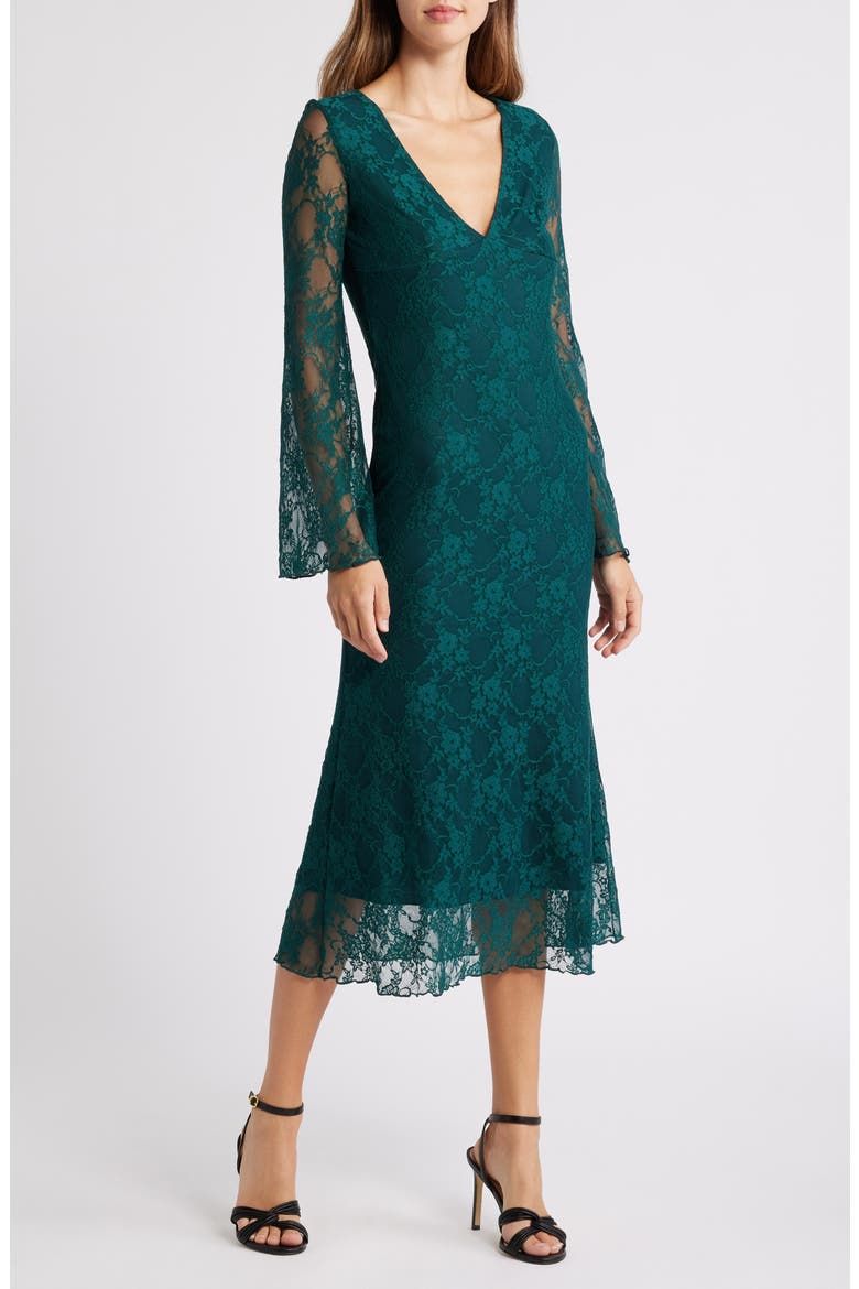 Bell Lace Overlay Long Sleeve Midi Dress, Main, color, HUNTER