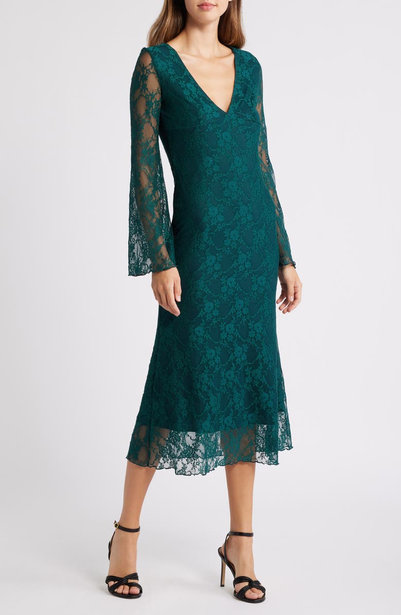 Loveappella Bell Lace Overlay Long Sleeve Midi Dress, Main, color, Hunter
