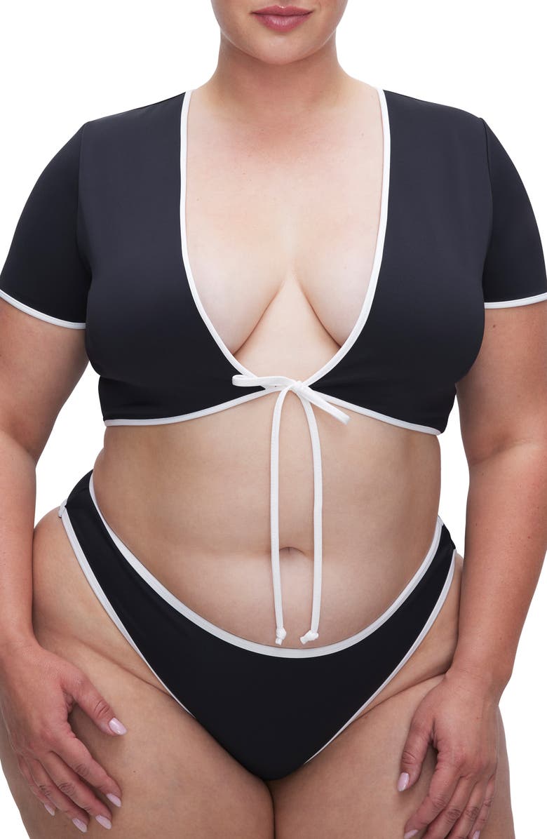 Good American Tie Front Crop Bikini Top, Alternate, color, Black