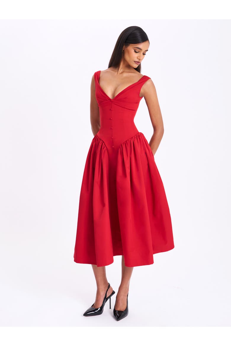 Nahla Drop Waist Midi Dress with Buttons, Alternate, color, Red