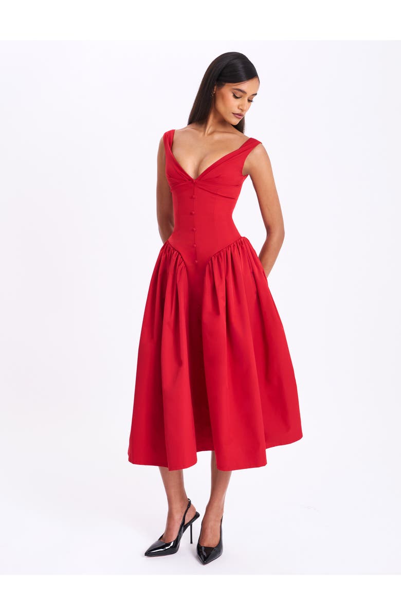 Miss Circle Nahla Drop Waist Midi Dress with Buttons, Alternate, color, Red