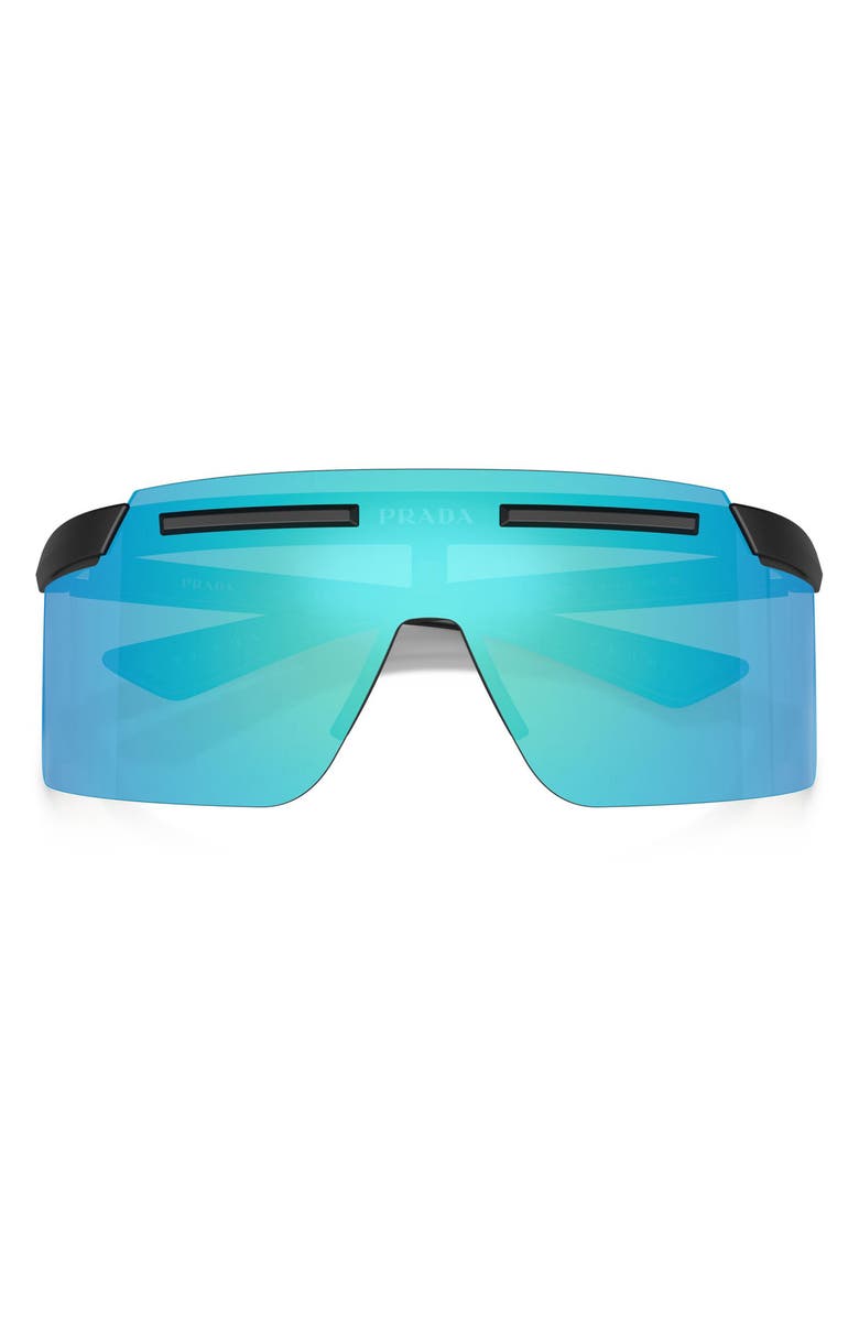 Prada Linea Rossa 140mm Polarized Shield Sunglasses, Alternate, color, Matte Black / Light Green Blue