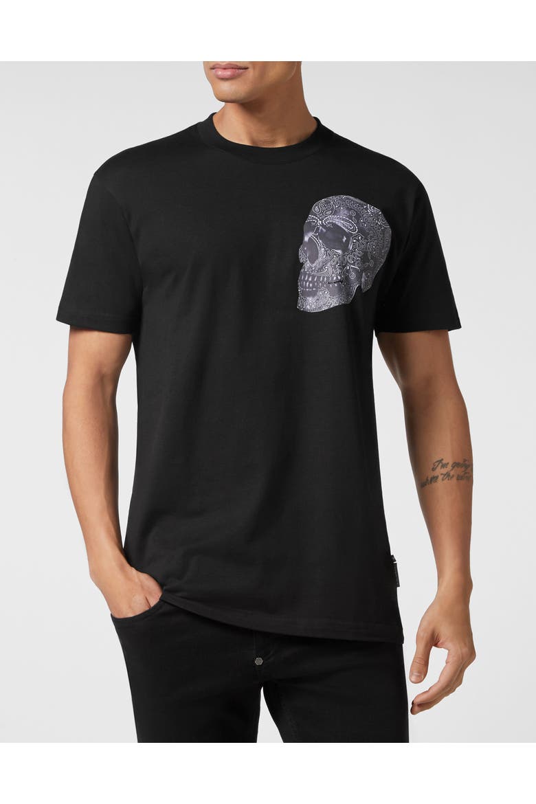 T-Shirt Round Neck Paisley Men, Main, color, black/white
