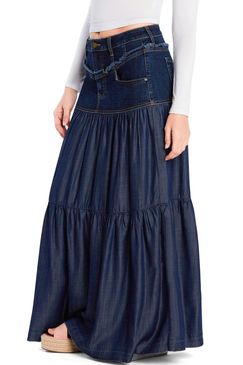 Contrast Tiered Denim Maxi Skirt, Alternate, color, ANTIQUE BLUE