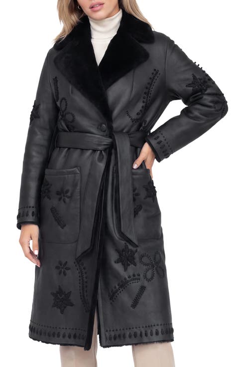 Genuine Shearling Short Coat with Embroidery, Belt