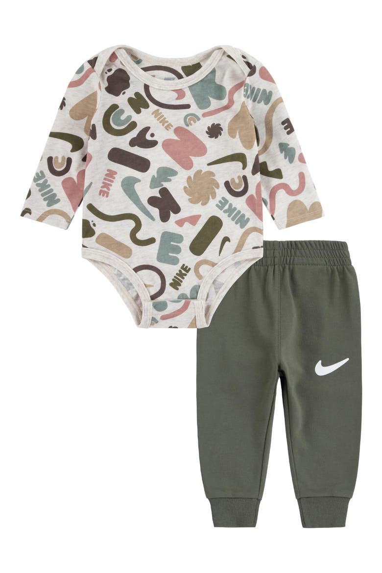 Swoosh Print Bodysuit & Sweatpants Set, Main, color, MEDIUM OLIVE