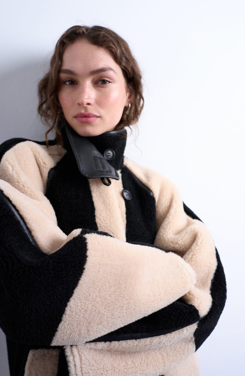 Topshop Patchwork Colorblock Faux Shearling Longline Coat, Alternate, color,