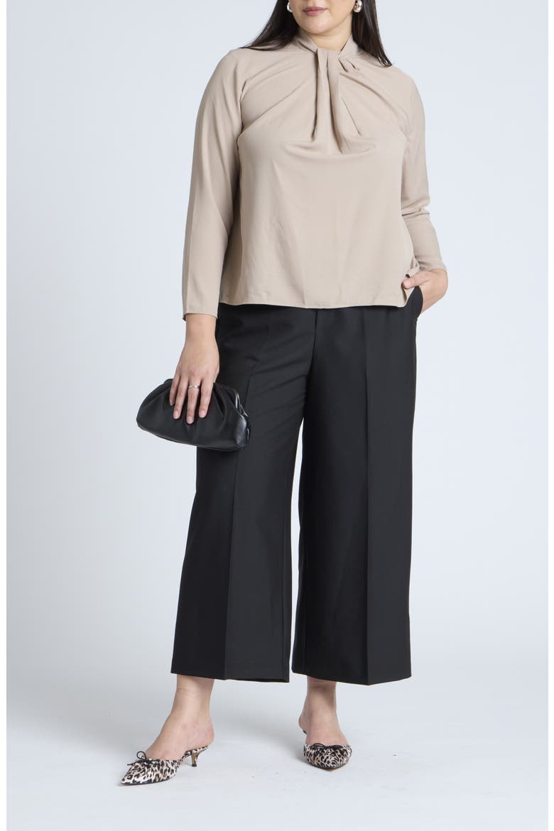 Twist Front Mock Neck Crepe Top, Alternate, color, MOCHA MERINGUE