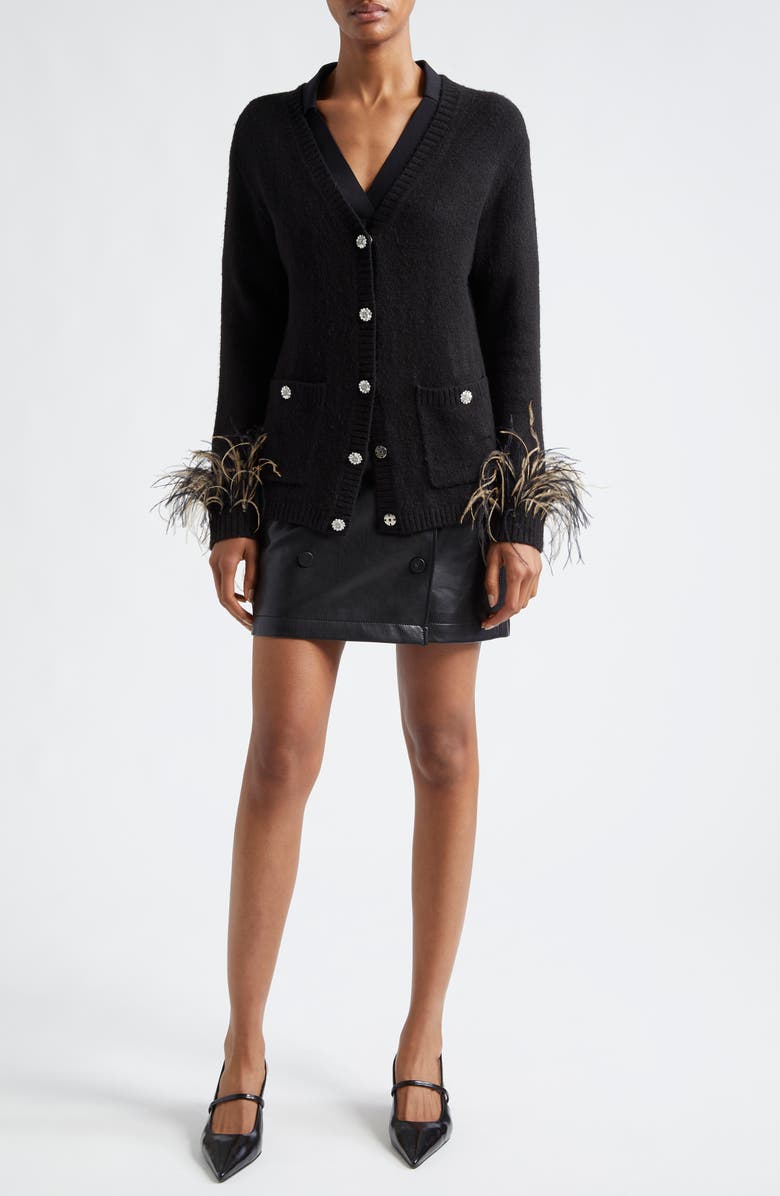 Cinq à Sept Dreama Marnie Feather Trim Cardigan, Alternate, color, Black Multi