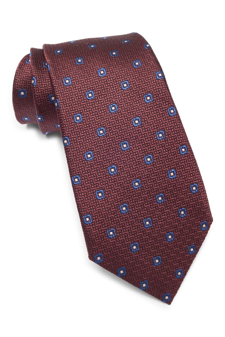Geometric Silk Tie, Main, color, DARK RED FAN