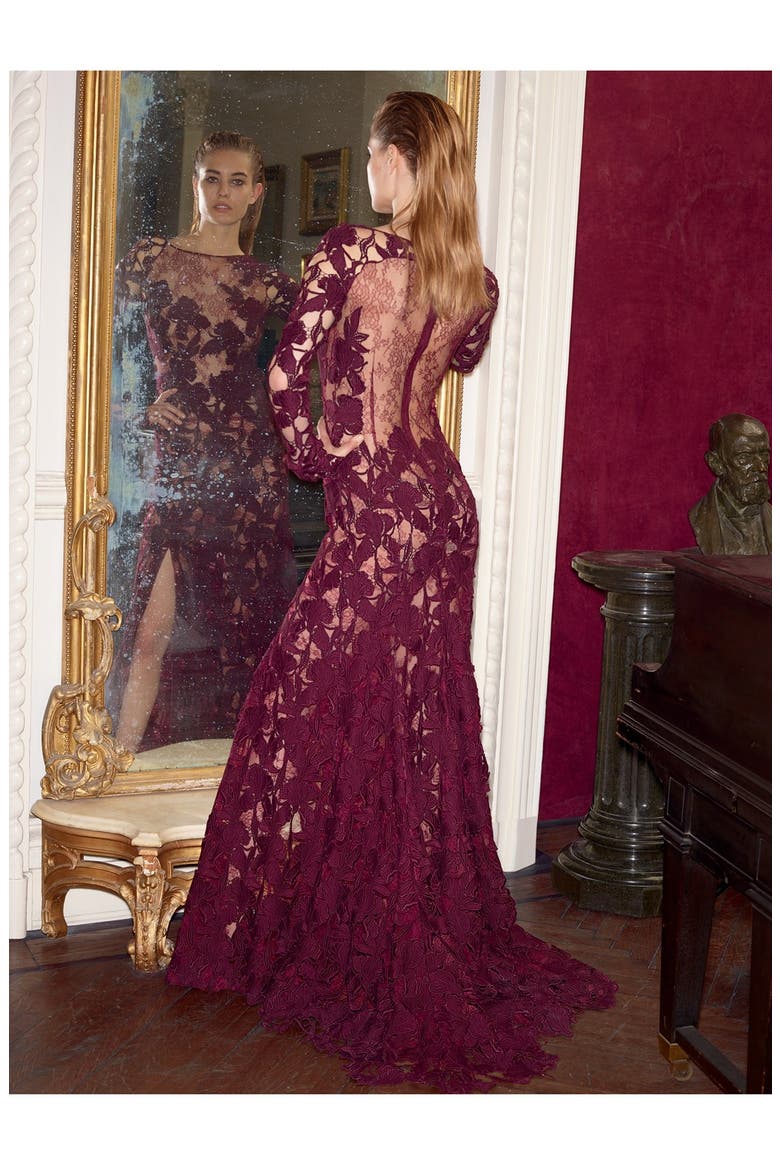 Macramé Lace Gown, Alternate, color, BORDEAUX