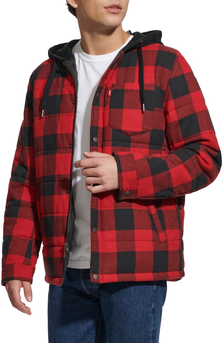 Levi's<sup>®</sup> Quilted Plaid Hooded Shacket, Alternate, color, Red Black