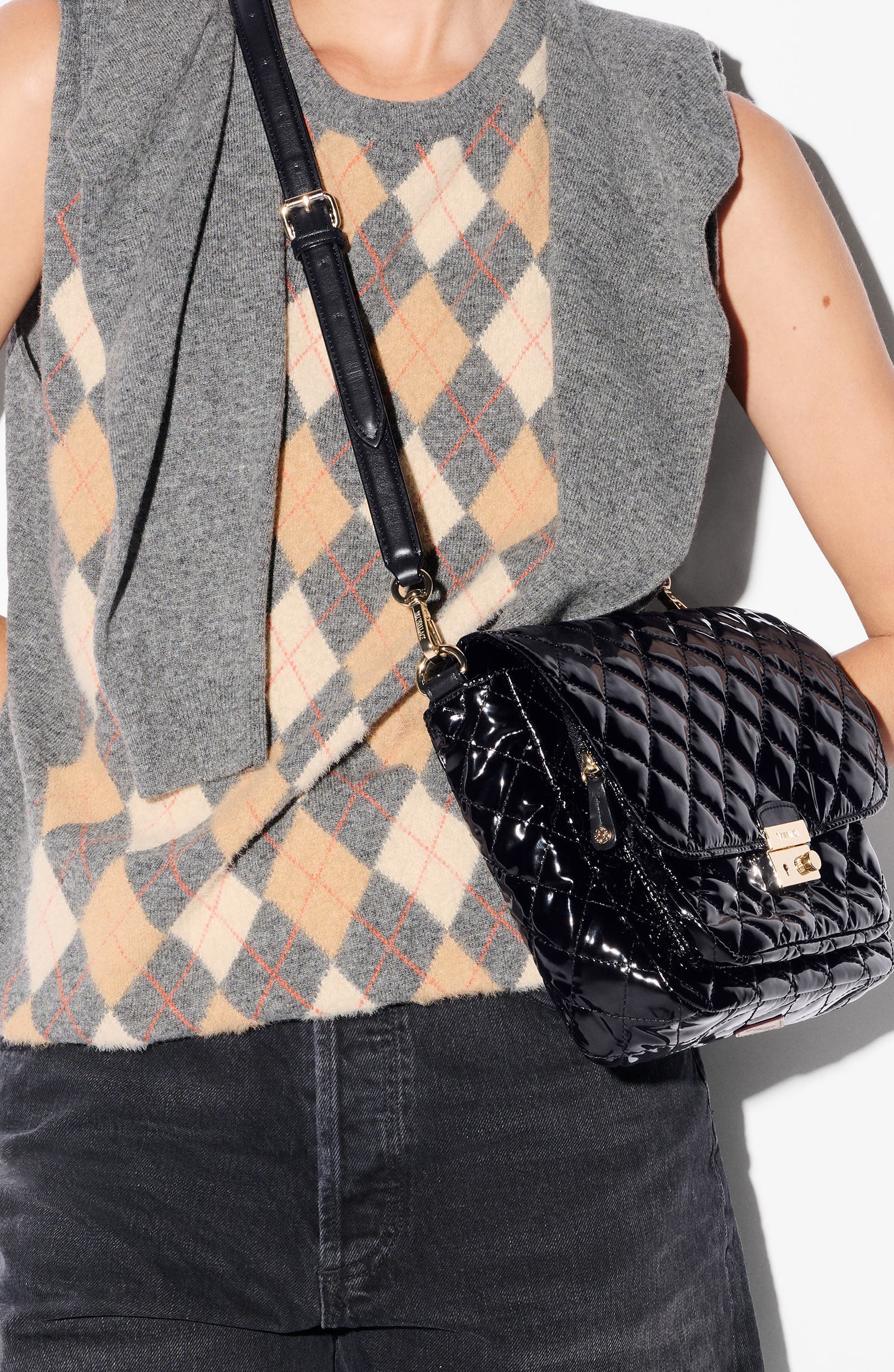 MZ Wallace Medium Crosby Lock Quilted Nylon Crossbody Bag, Alternate, color, Black Lacquer