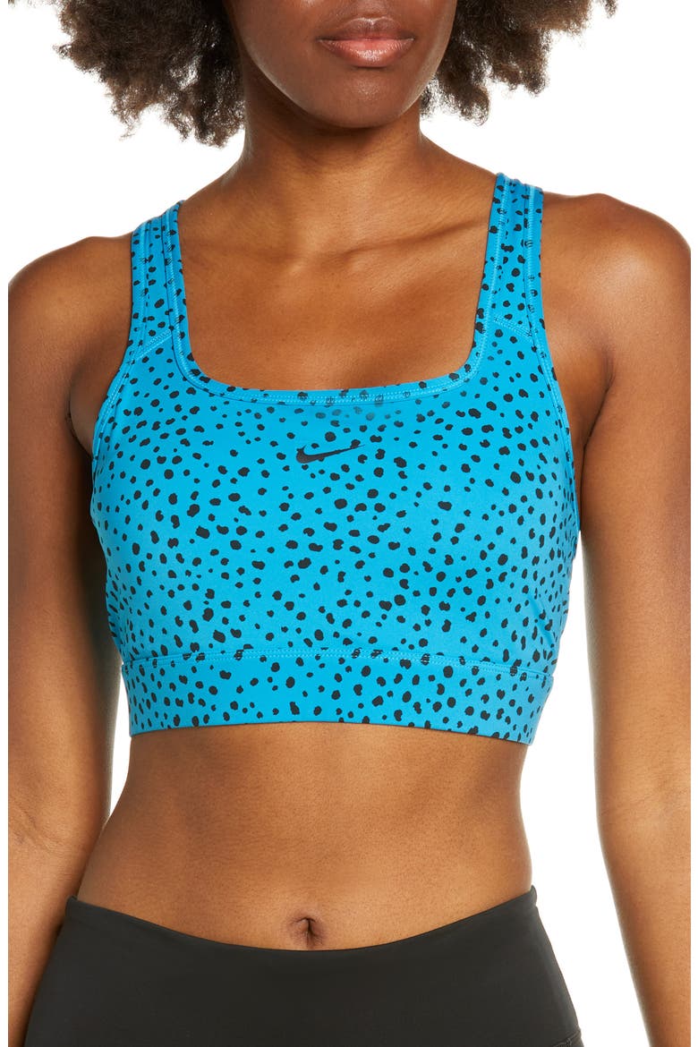 Polka Dot Open Back Sports Bra, Main, color, LASER BLUE/ LASER BLUE/ BLACK