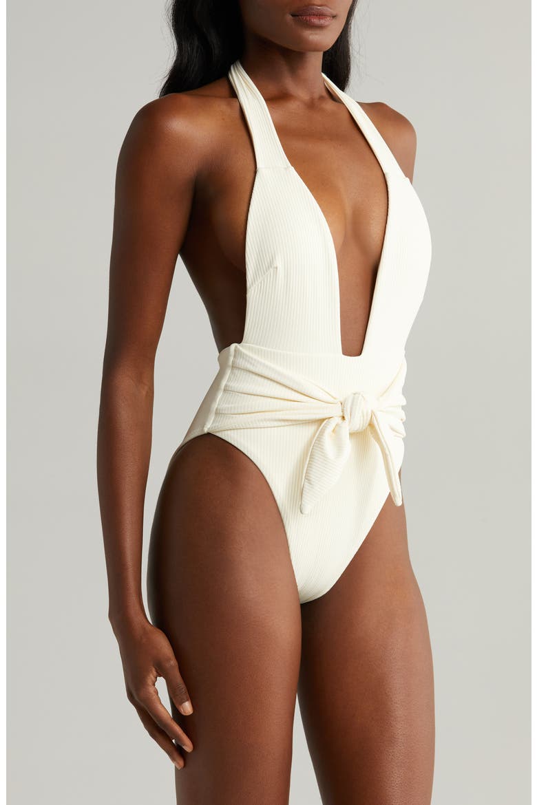 Tropez Rib Tie Waist One-Piece Swimsuit, Alternate, color, CREAM RIB