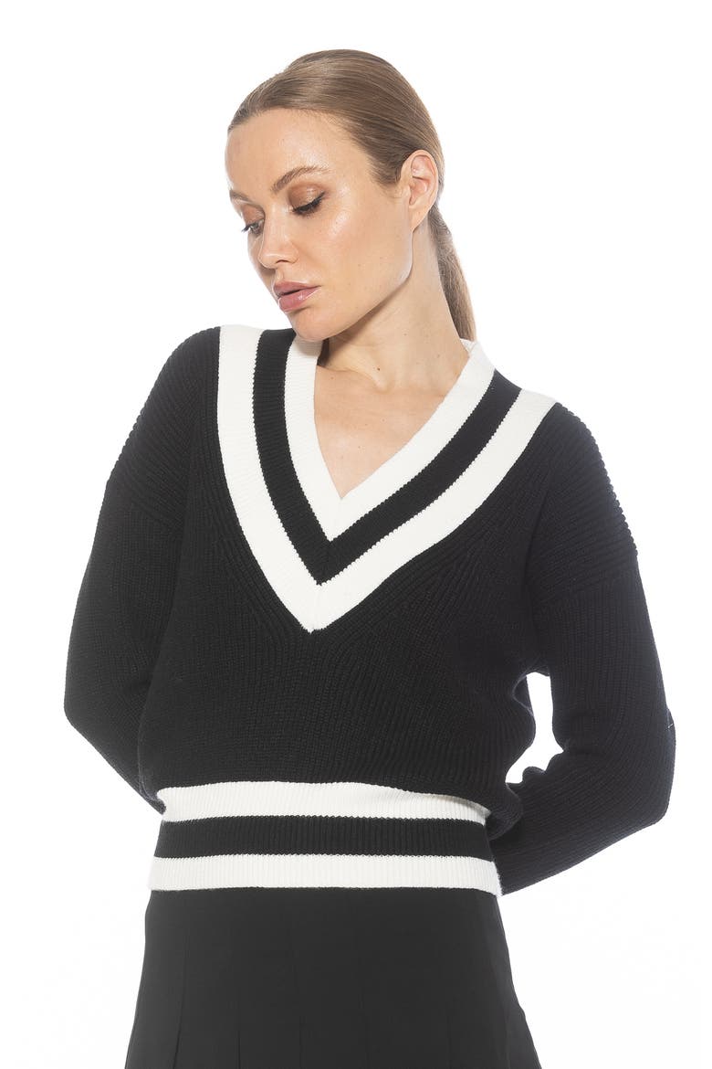 Leona V-Neck Varsity Polo Sweater, Alternate, color, BLACK/ IVORY