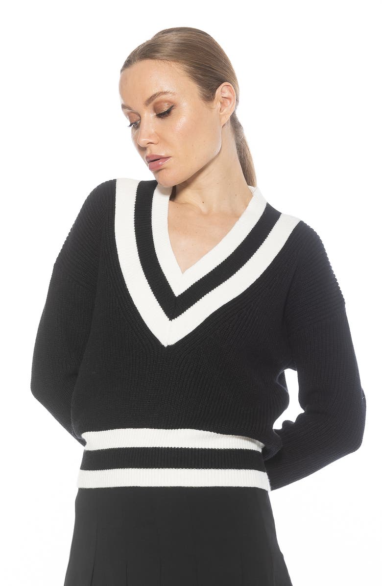 Alexia Admor Leona V-Neck Varsity Polo Sweater, Alternate, color, Black/ Ivory