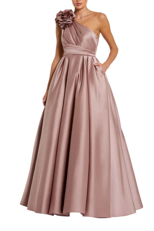 Mac Duggal Pink One Shoulder Satin Ballgown With 3d Flower In Pink