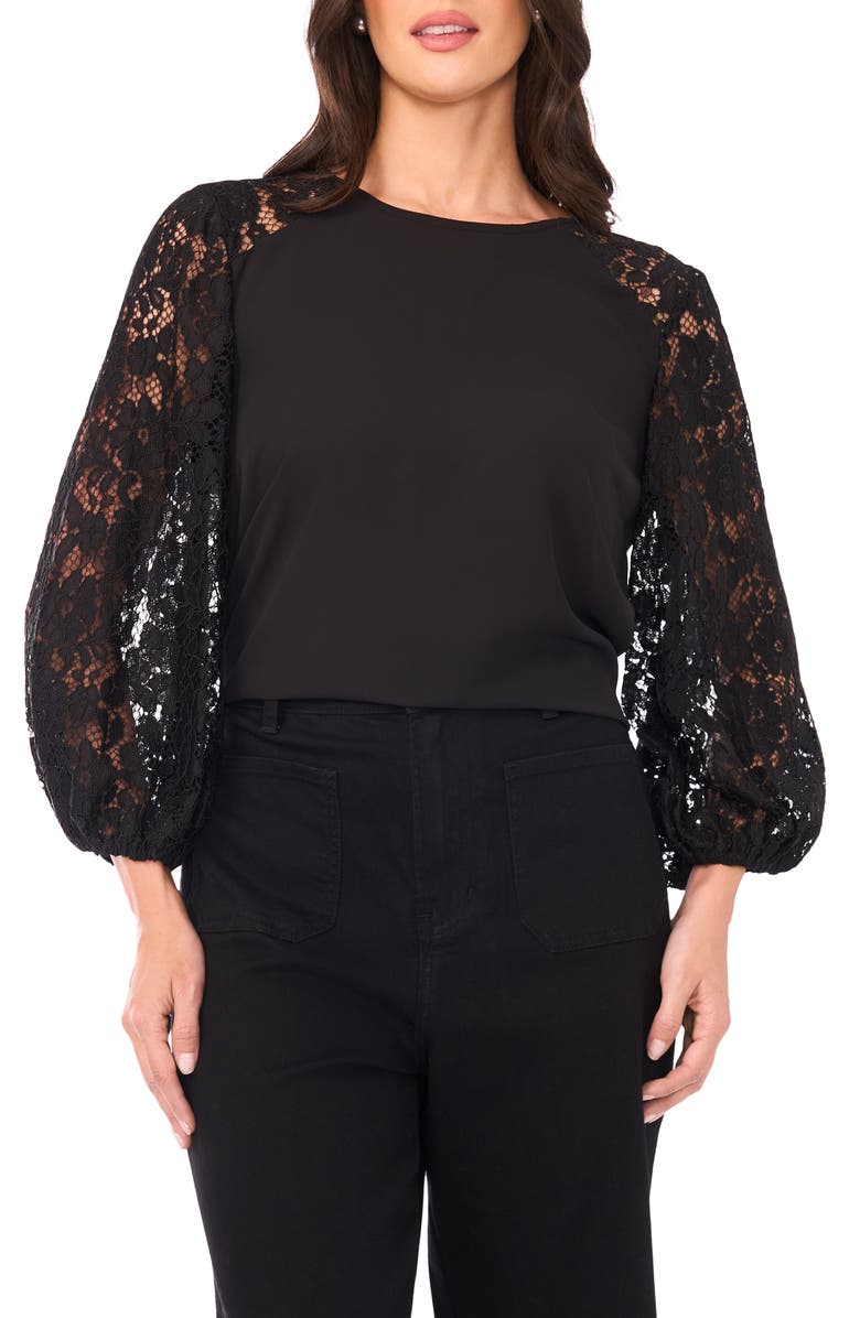 Vince Camuto Lace Sleeve Top, Main, color, Rich Black