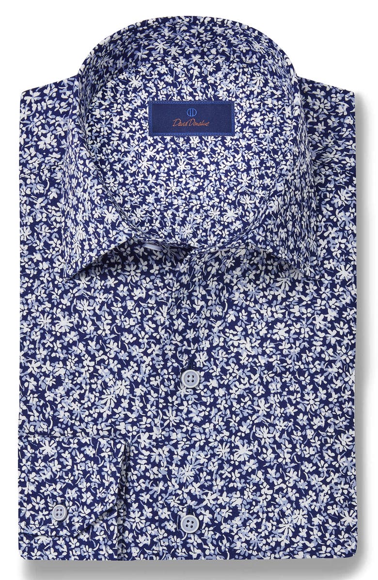 David Donahue Floral Print Pima Cotton Dobby Sport Shirt, Alternate, color, Navy/ White