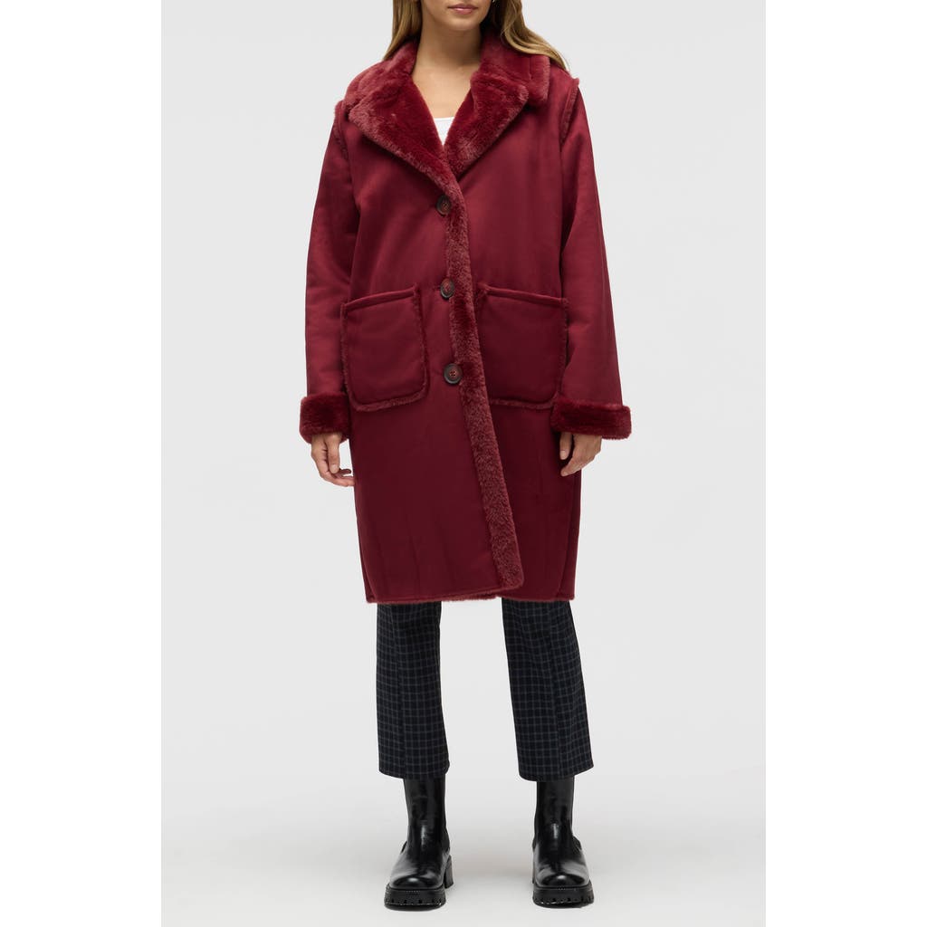 Nvlt Faux Fur Trim Faux Suede Jacket In Burgundy