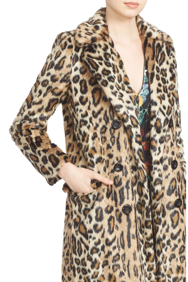 'Montana' Leopard Print Faux Fur Double Breasted Coat, Alternate, color, BROWN MULTI