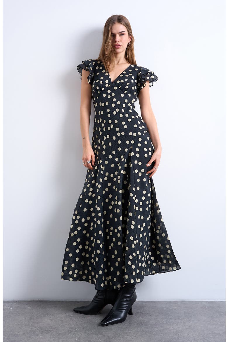 Flutter Sleeve Polka Dot V-Neck Midi Dress, Main, color, BLACK SPOT