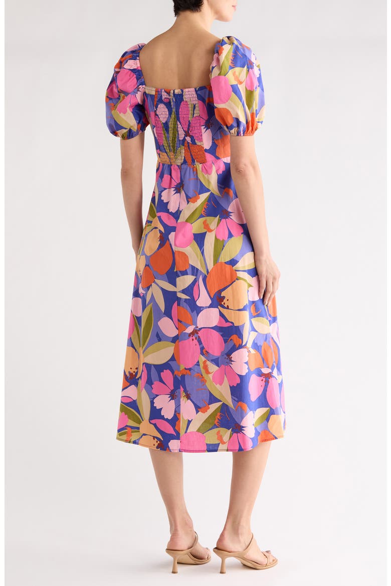 Floral Puff Sleeve A-Line Midi Dress, Alternate, color, BLUE MULTI
