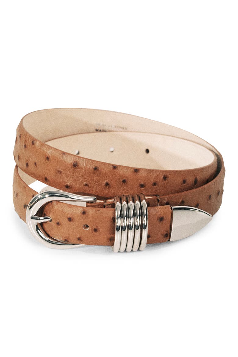 Hollyhock Ostrich-Embossed Leather Belt, Alternate, color, CAMEL